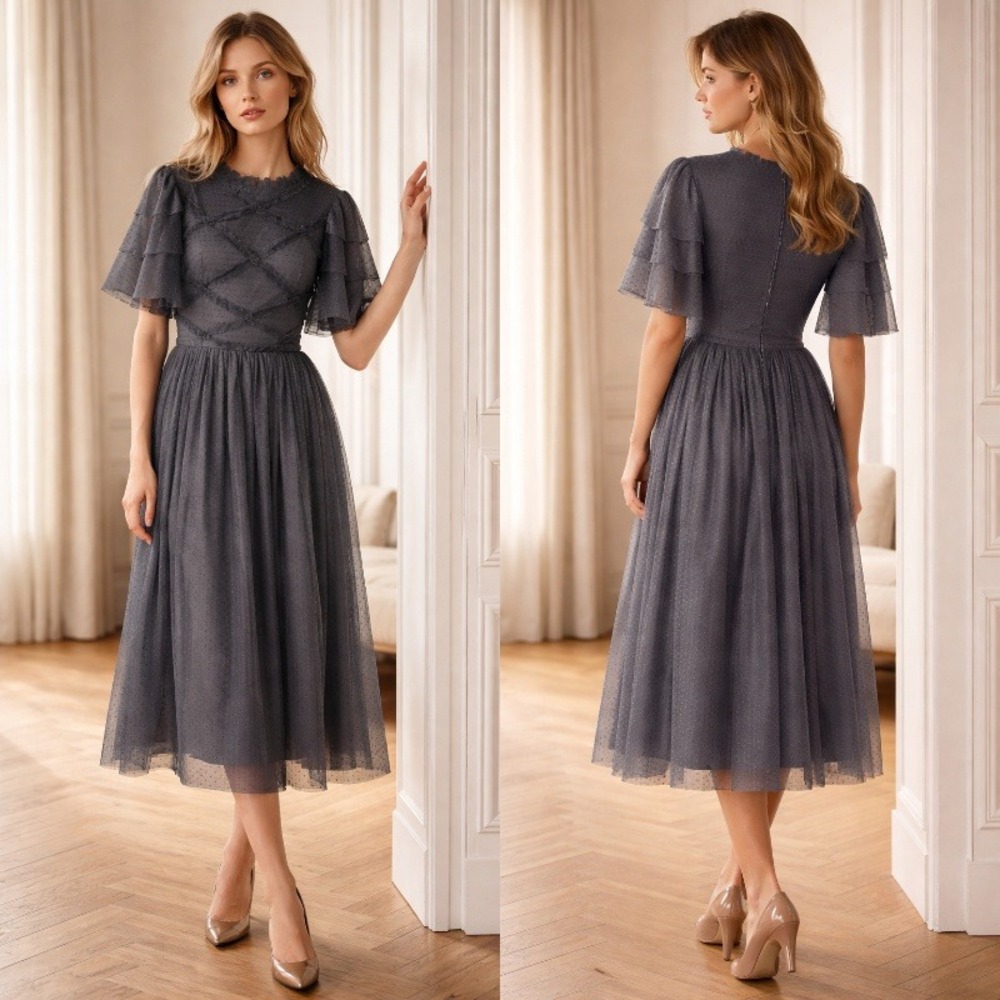 Ivy City Co. Grey Tara Midi Dress Mesh Lace Ruffle Tulle Size Medium
